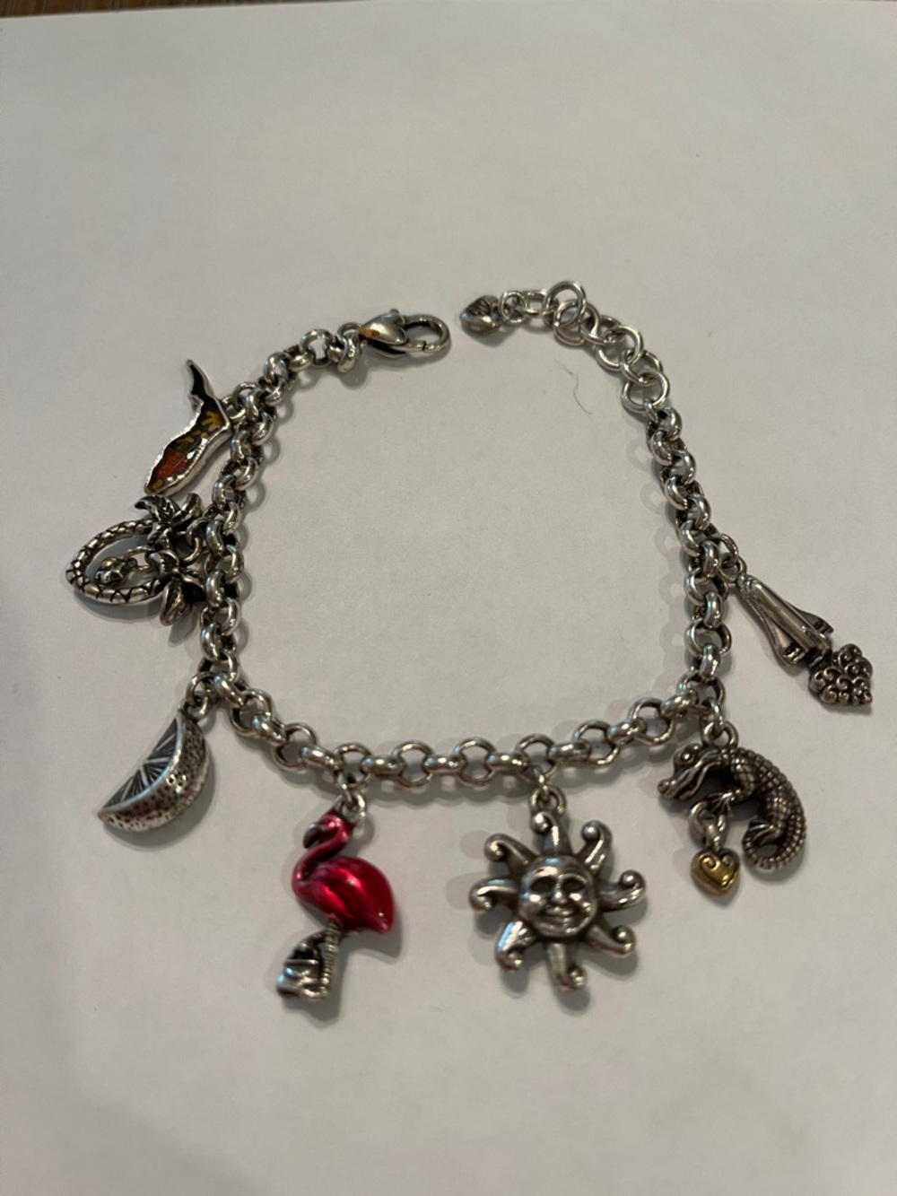 Brighton Florida Silver Charm Bracelet with Pink Flamingo & Sun Charms